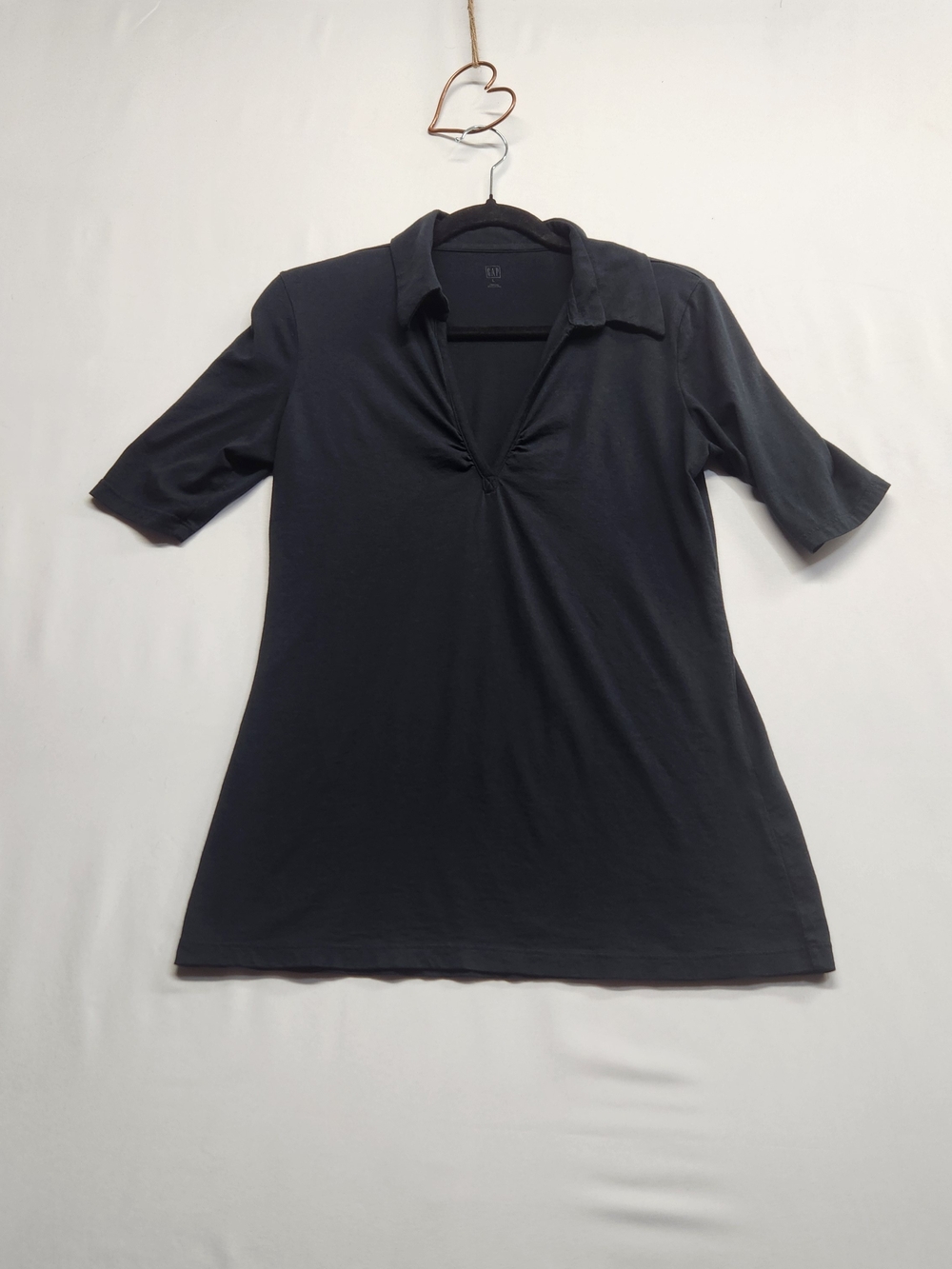 ⭐️Vintage 90s GAP Black Ruched V Neck Polo Shirt Top L Minimalist Whimsigoth USA